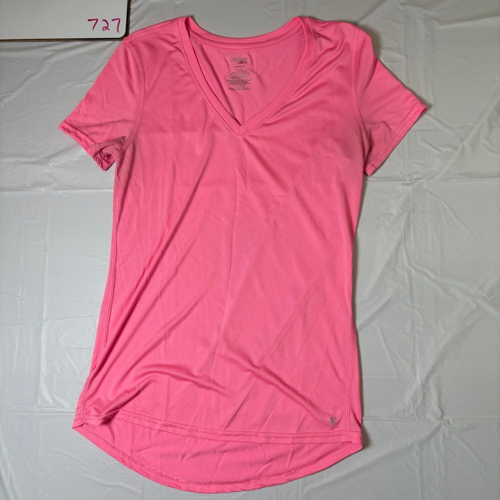 Danskin Now Womens Pink V-Neck Dri-More Short Sleeve Athletic Shirt Small 4-6